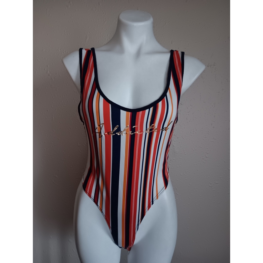 Striped Scoop-Neck Women's Bodysuit in Red, Navy & White